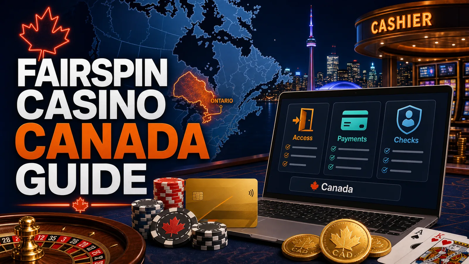 Canada map split with Ontario callout, CAD cashier and verification checklist