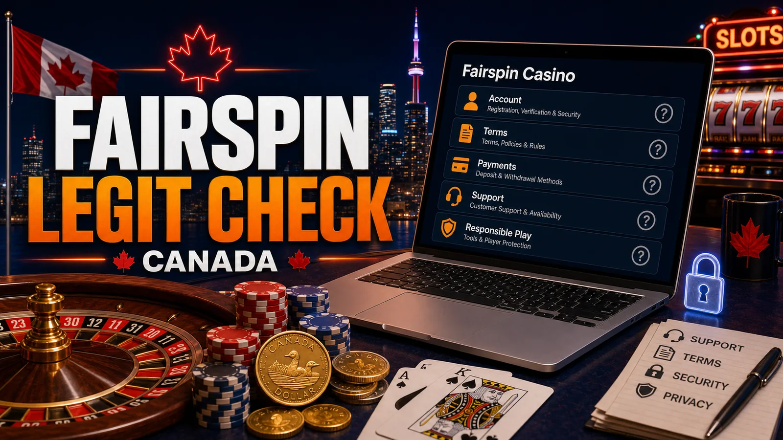 Trust checklist over laptop with lock, regulator/caution icons, maple leaf accent