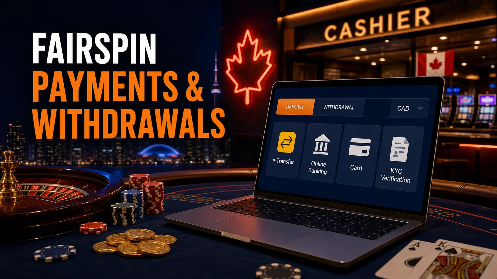 Canadian cashier screen with CAD, Interac-style transfer motif and KYC documents