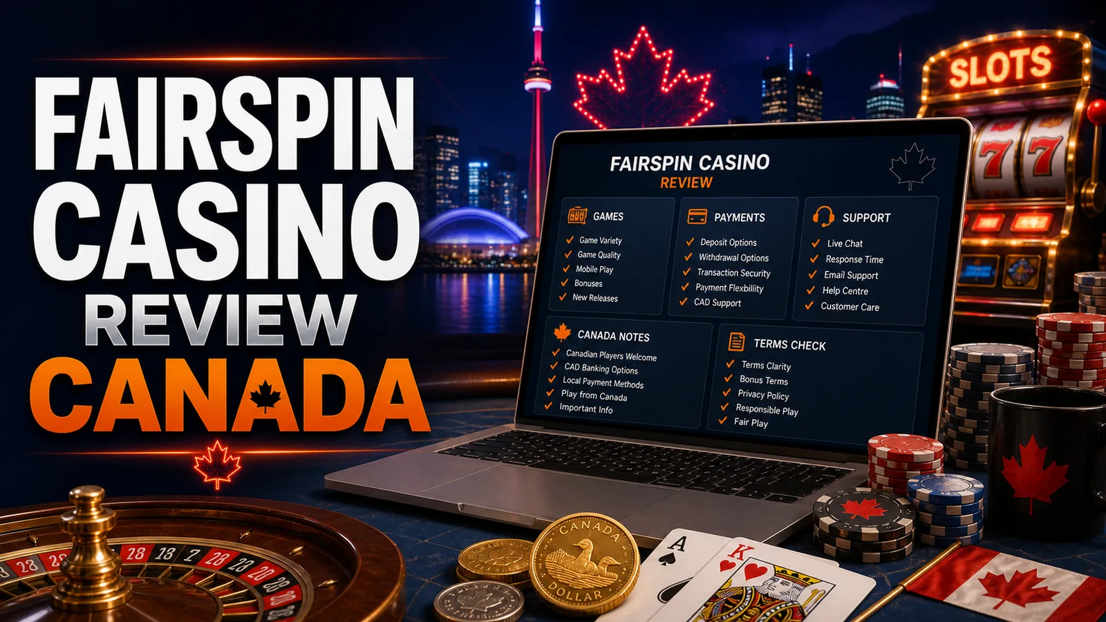 Fairspin review dashboard with Canadian casino table, CAD chips and cautious trust cues